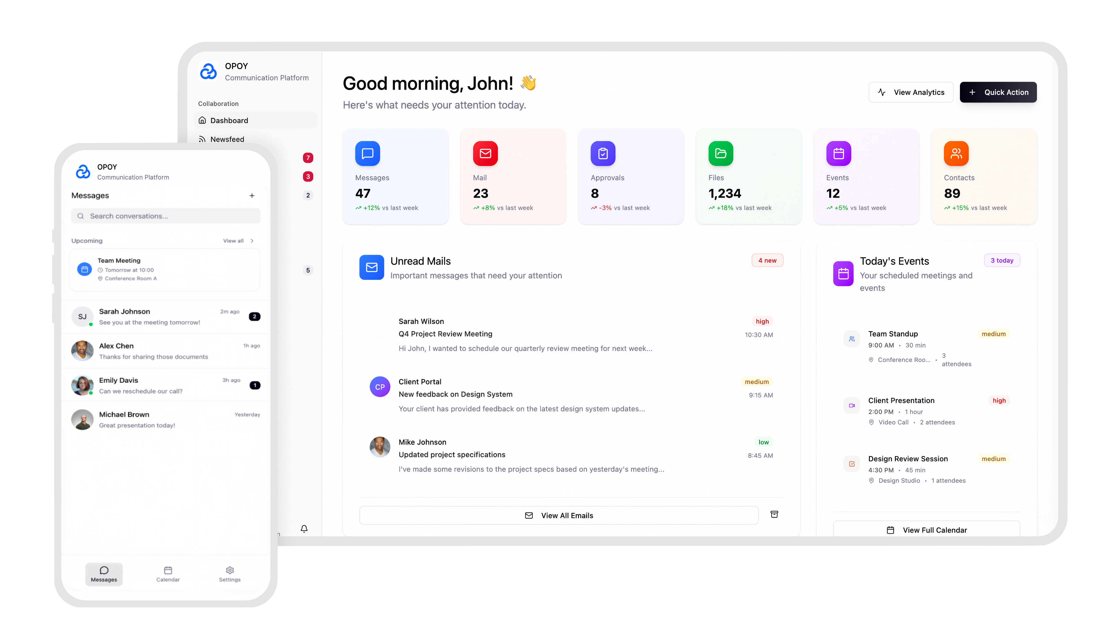 OPOY Communication Platform dashboard showing 'Good morning, John!' with analytics for Messages (47), Mail (23), Approvals (8), Files (1,234), Events (12), and Contacts (89), plus sections for Unread Mails and Today's Events